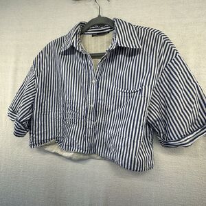 Zara Top Women's Sz M Blue Striped Linen Sleeve Cropped Button Up Shirt Blouse
